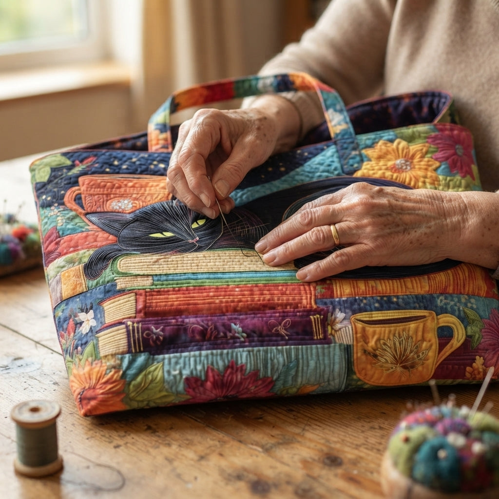 Äldre händer syr på väskans quiltade katt, med en trådrulle och ett nålkudde på träbordet bredvid. 3