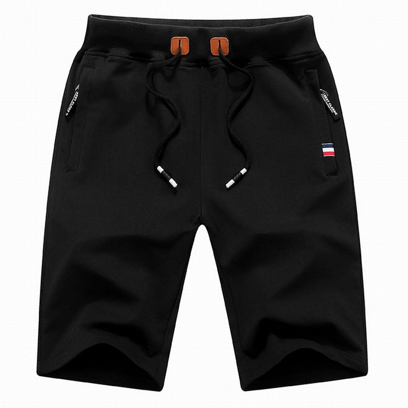 Schwarze Herren-Shorts mit Kordelzug, Reißverschlusstaschen, sportlich, bequem, modisch.