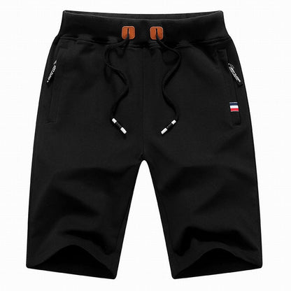 Schwarze Herren-Shorts mit Kordelzug, Reißverschlusstaschen, sportlich, bequem, modisch.