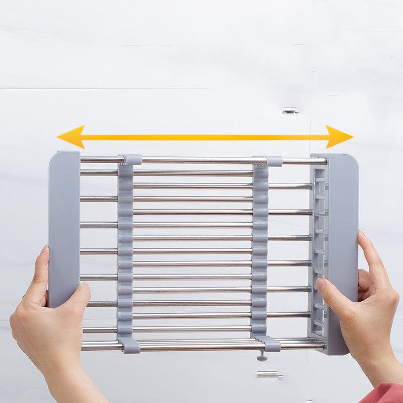 Verstellbares Abtropfgestell aus Edelstahl, platzsparend, Küchenzubehör, grau.