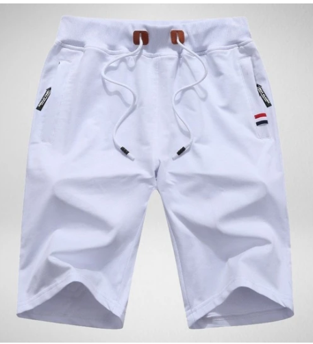 Weiße Herren-Shorts mit Kordelzug, Baumwolle, sportlich, Sommermode, Taschen.