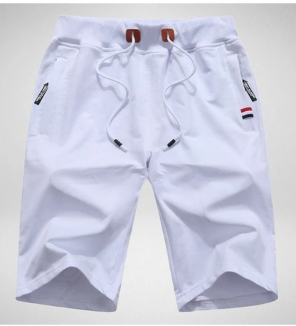 Weiße Herren-Shorts mit Kordelzug, Baumwolle, sportlich, Sommermode, Taschen.