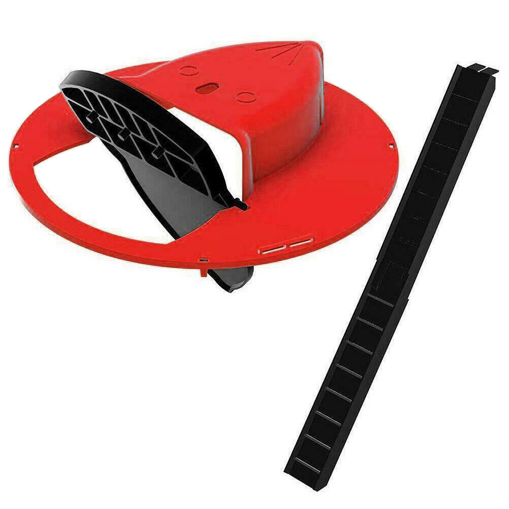 Roter Mähroboter-Garagenhalter aus Kunststoff mit schwarzem Zubehör, Rasenpflege.