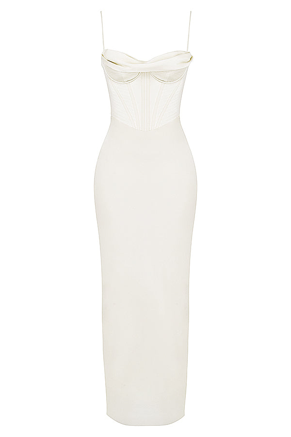Weißes, schulterfreies Korsettkleid, figurbetont, elegantes Design, Abendmode, Damenbekleidung.