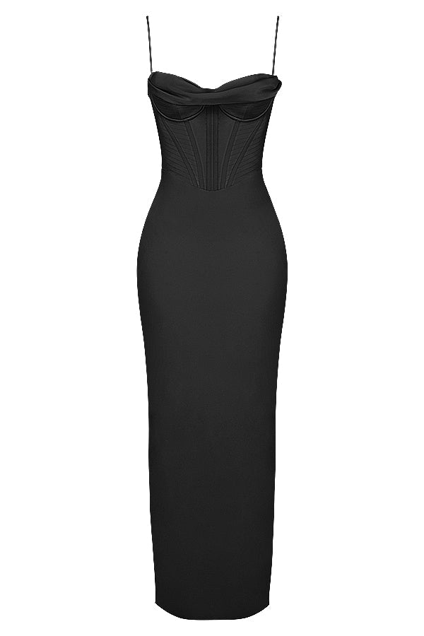 Schwarzes, ärmelloses Korsettkleid, figurbetont, knielang, elegantes Abendmode-Design.