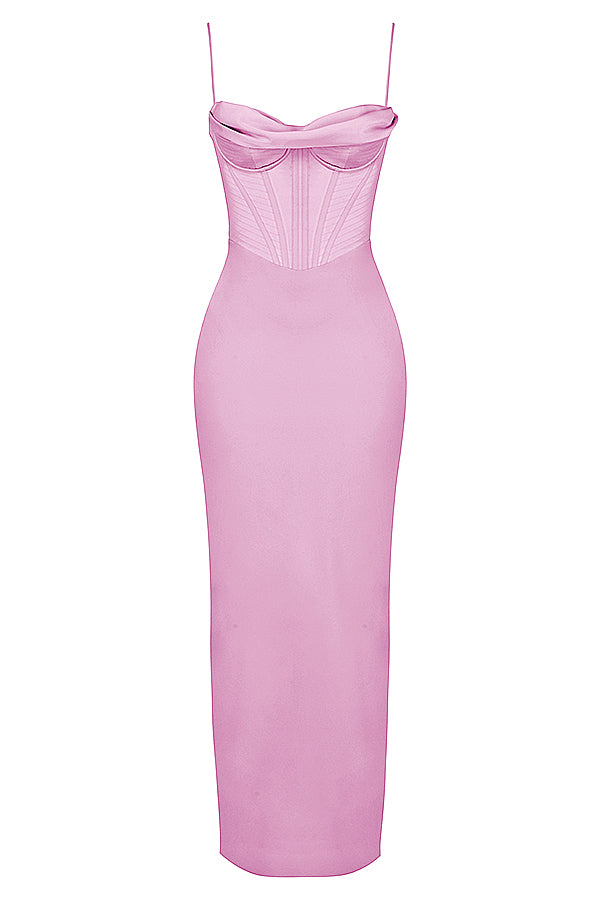Rosa Satin-Corsagenkleid, schulterfrei, figurbetont, elegantes Abendkleid, Damenmode.