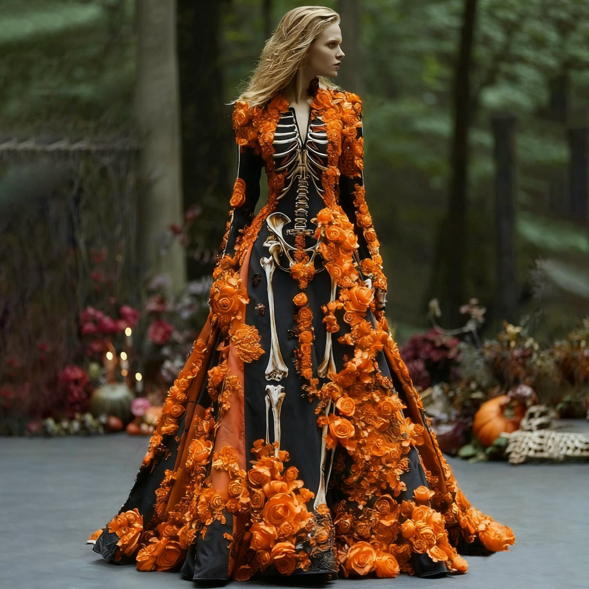 Modell i skogen bär svart maxiklänning med skelettmotiv och orange blommor, i helfigur och med långa ärmar. 1