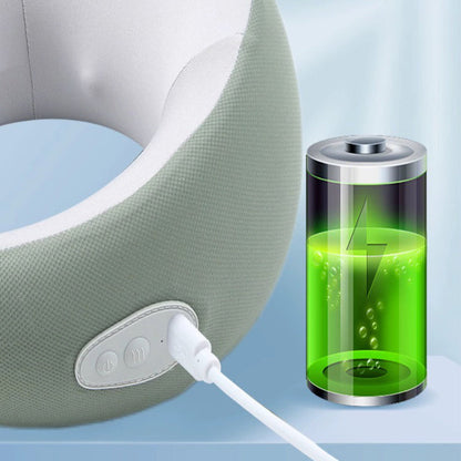 Graues Nackenkissen mit USB-Ladefunktion und grünem Batteriesymbol, ergonomisch, bequem.