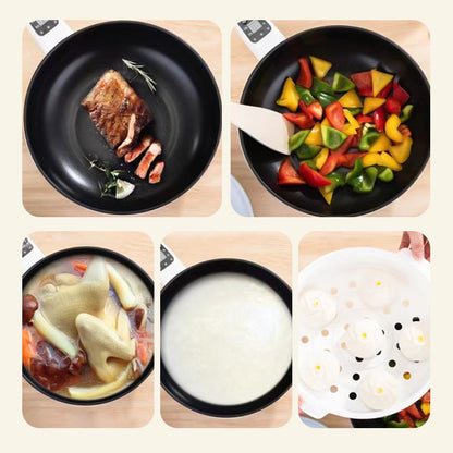 Fünf schwarze Pfannen mit Steak, Gemüse, Suppe, Brei und Dampfgarer-Einsatz.