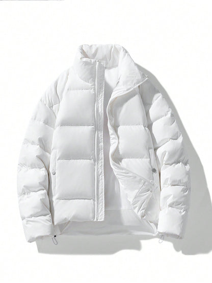 Weiße Daunenjacke, gesteppt, mit Reißverschluss, Wintermode, warm, isoliert, Unisex-Design.