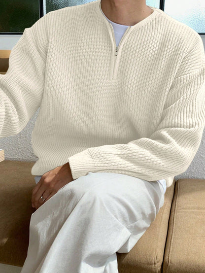 Weißer Strickpullover mit Reißverschluss, Herrenmode, gemütlich, lässig, Baumwolle.