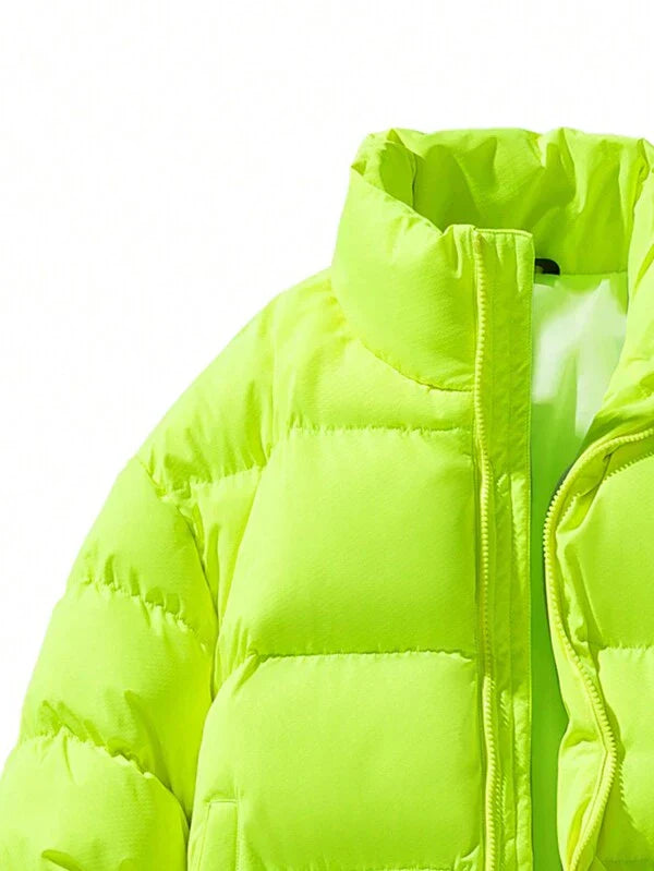 Neongelbe Daunenjacke, warm, gesteppt, Wintermode, Unisex, modisch, Outdoor-Bekleidung.
