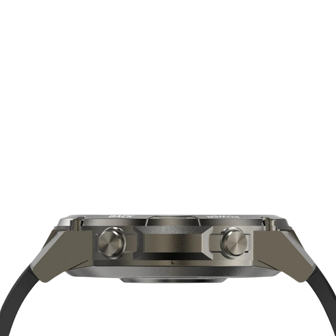 Seitenansicht einer modernen, grauen Edelstahl-Armbanduhr mit schwarzem Armband und Knöpfen.