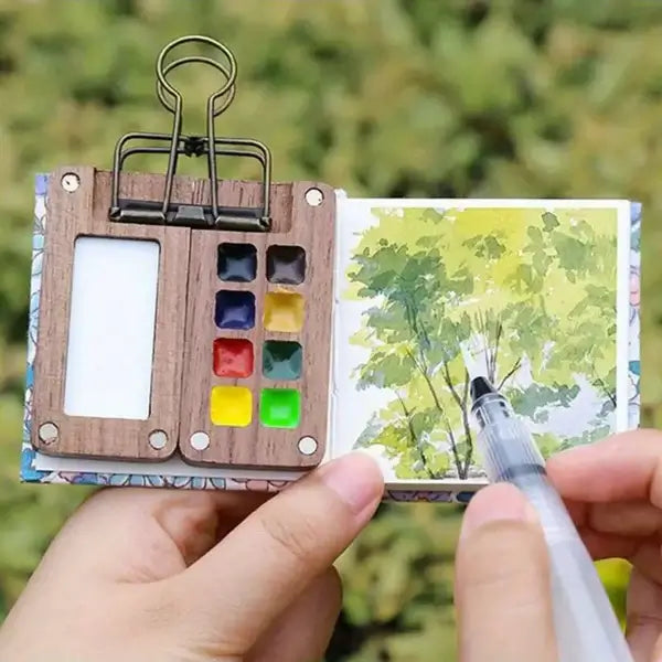 Mini-Aquarell-Set mit Pinsel, Holzpalette, 8 Farben, tragbar, für unterwegs, Malen im Freien.