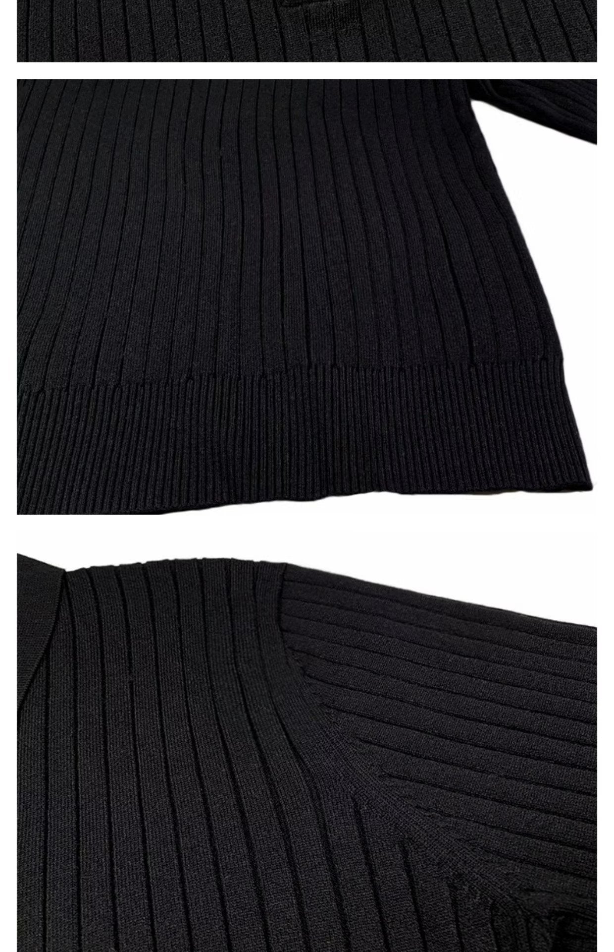 Schwarzer gerippter Pullover aus Baumwolle, Nahaufnahme, modisches Design, Herbstbekleidung.