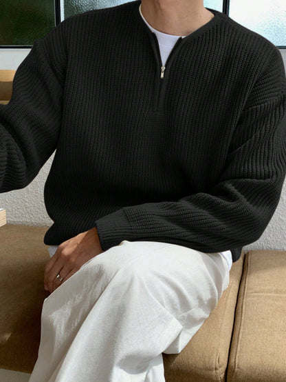 Schwarzer Strickpullover mit Reißverschluss, Herrenmode, lässig, bequem, stilvoll, Baumwolle.