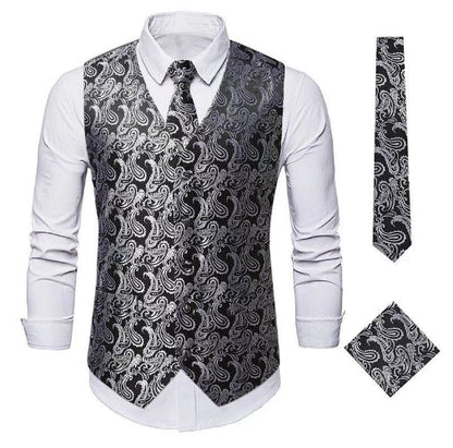 Schwarze Paisley-Weste mit Krawatte und Einstecktuch, Herrenmode, elegant, formell.