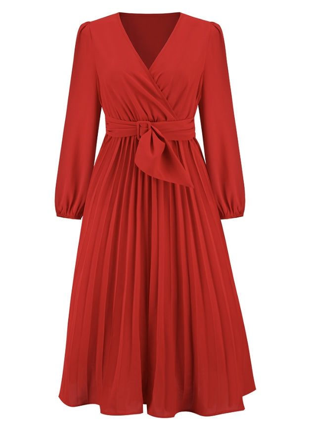Rotes Damenkleid mit V-Ausschnitt, langen Ärmeln und Taillengürtel, elegantes Design.