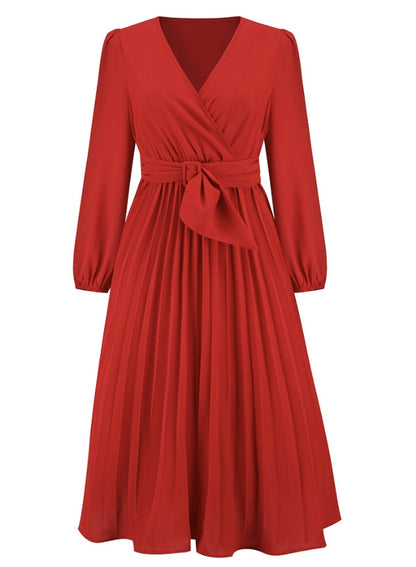 Rotes Damenkleid mit V-Ausschnitt, langen Ärmeln und Taillengürtel, elegantes Design.