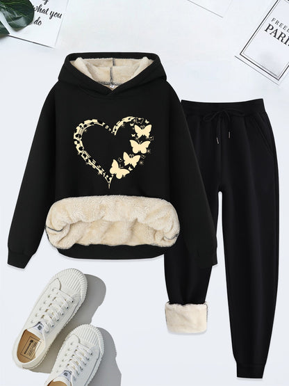 Schwarzer Damen-Hoodie mit Herz- und Schmetterlingsmotiv, Plüschfutter, passende Jogginghose.