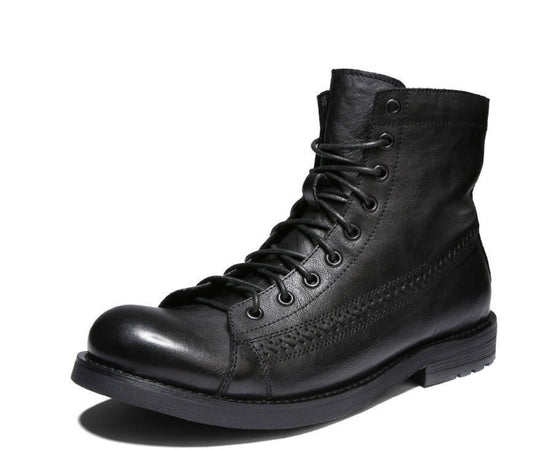 Schwarzer Lederstiefel, Schnürung, robuster Absatz, Herrenmode, Outdoor-Boots.