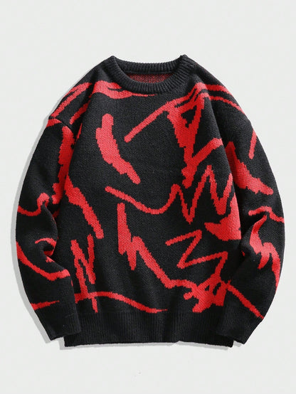 Schwarzer Pullover mit rotem abstraktem Muster, Unisex, Strick, modisch, warm, Winterkleidung.