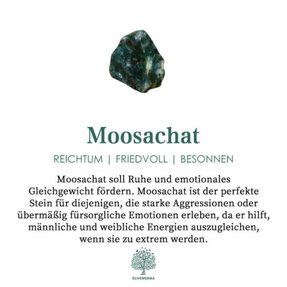 Moosachat Edelstein grün, fördert Ruhe und emotionales Gleichgewicht, spiritueller Heilstein.