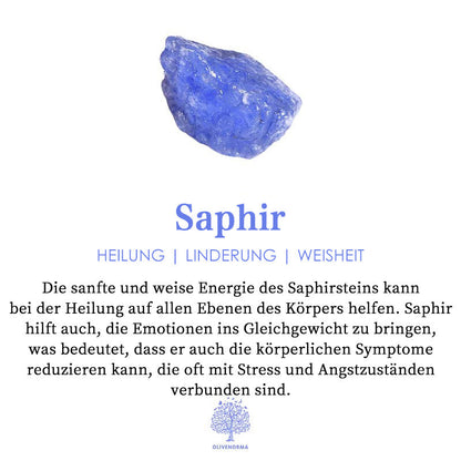 Blauer Saphirstein auf weißem Hintergrund, Heilung, Linderung, Weisheit, Edelstein.