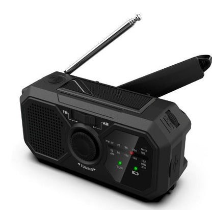 Schwarzes tragbares Notfallradio mit Kurbel, Solarpanel und FM/AM-Empfang.