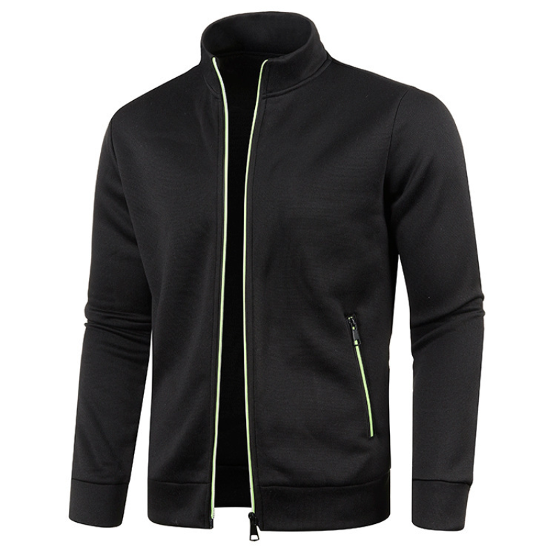 Schwarze Herren-Sweatshirtjacke mit Reißverschluss, Stehkragen, sportlich, modisch.
