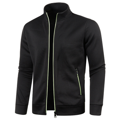 Schwarze Herren-Sweatshirtjacke mit Reißverschluss, Stehkragen, sportlich, modisch.