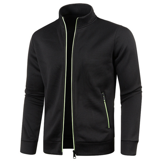 Schwarze Herren-Sweatshirtjacke mit Reißverschluss, Stehkragen, sportlich, modisch.