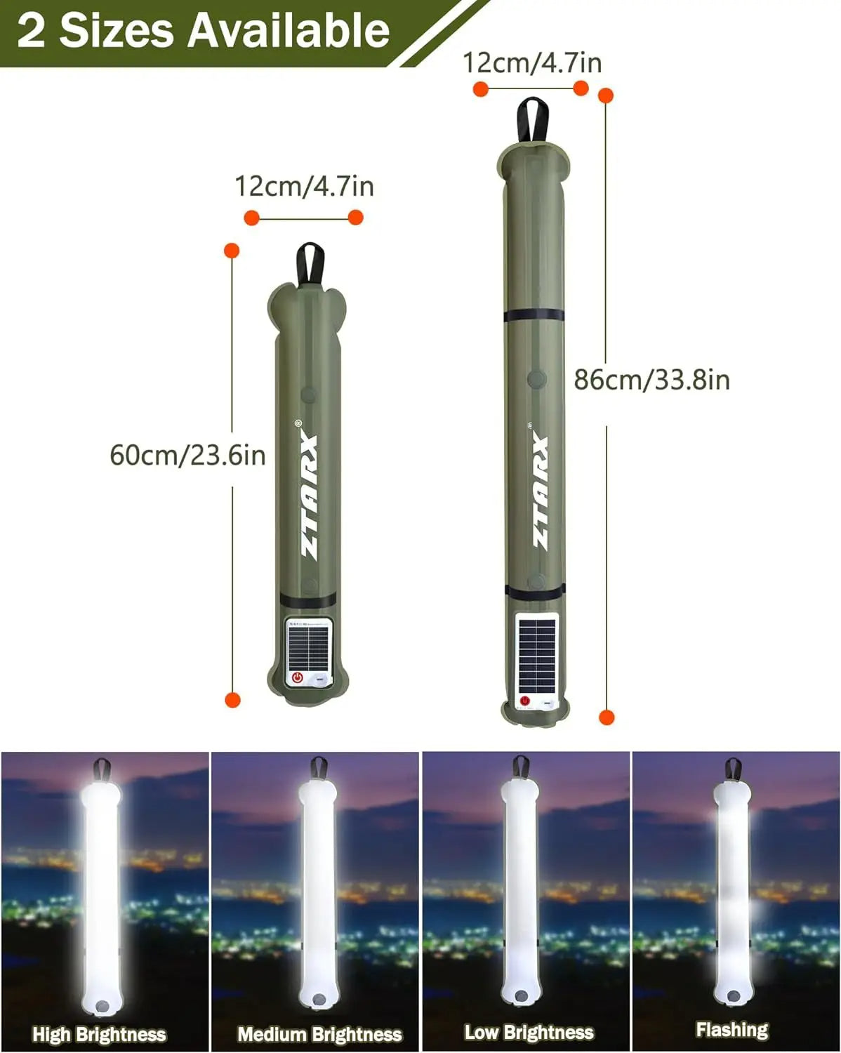 Grüne aufblasbare LED-Campinglampe, zwei Größen, USB-aufladbar, wasserdicht.