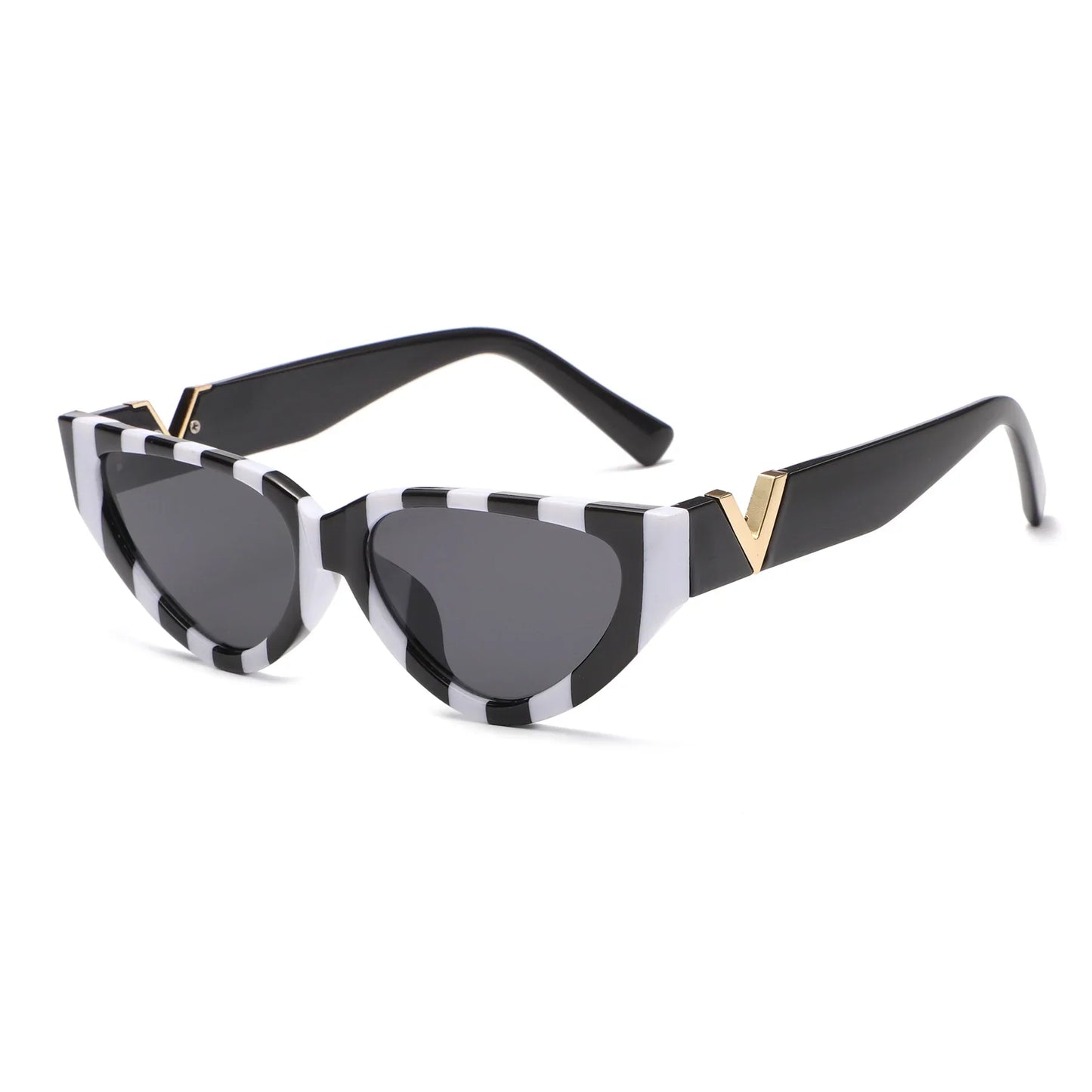 Schwarz-weiße Katzenaugen-Sonnenbrille, gestreift, mit goldenen Details, modisch, Damen-Accessoire.
