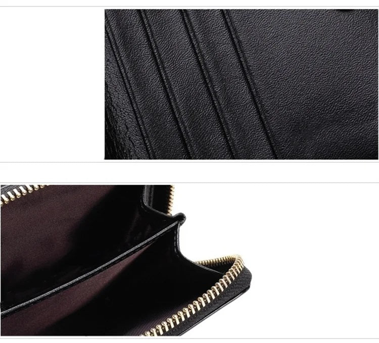 Schwarze Leder-Geldbörse mit Reißverschluss, Kartenfächer, elegantes Design, Damen-Accessoire.