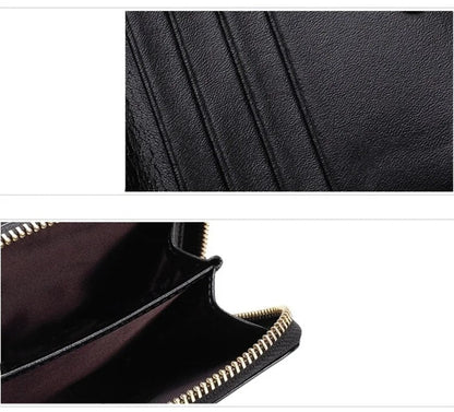 Schwarze Leder-Geldbörse mit Reißverschluss, Kartenfächer, elegantes Design, Damen-Accessoire.