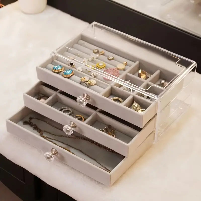 Klarer Schmuck-Organizer aus Acryl mit drei Schubladen, ideal zur Aufbewahrung von Schmuck.