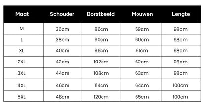 Größentabelle für Herrenhemden, Maße in cm: Schulter, Brust, Ärmel, Länge für M bis 5XL.