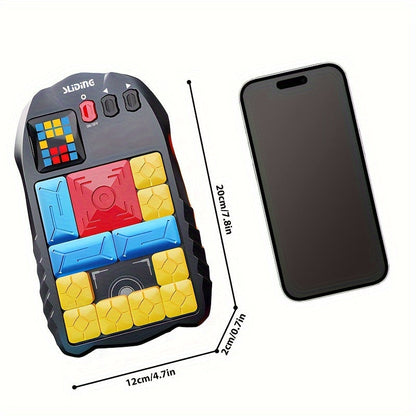 Schiebepuzzle-Spielzeug aus Kunststoff, bunt, neben Smartphone, Maße 20x12cm.