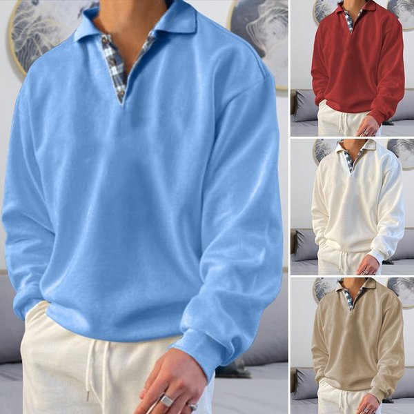 Vier Herrenpullover in Blau, Rot, Weiß und Beige, Langarm, Freizeitmode, Baumwolle.