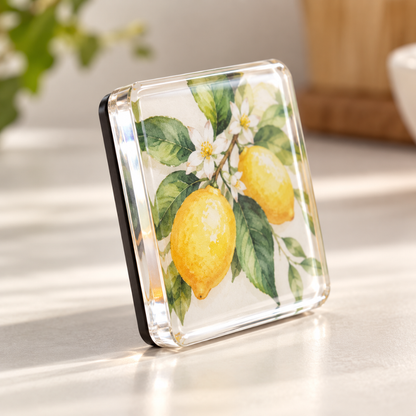Kvadratisk akrylmagnet med citronmotiv, sedd lätt från sidan med svart magnetbaksida på ett bord 1