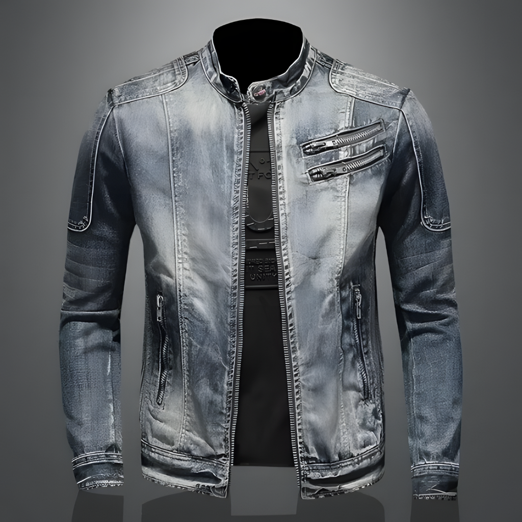Graue Jeansjacke für Herren, Reißverschlüsse, modisch, lässig, Streetwear, Vintage-Look.