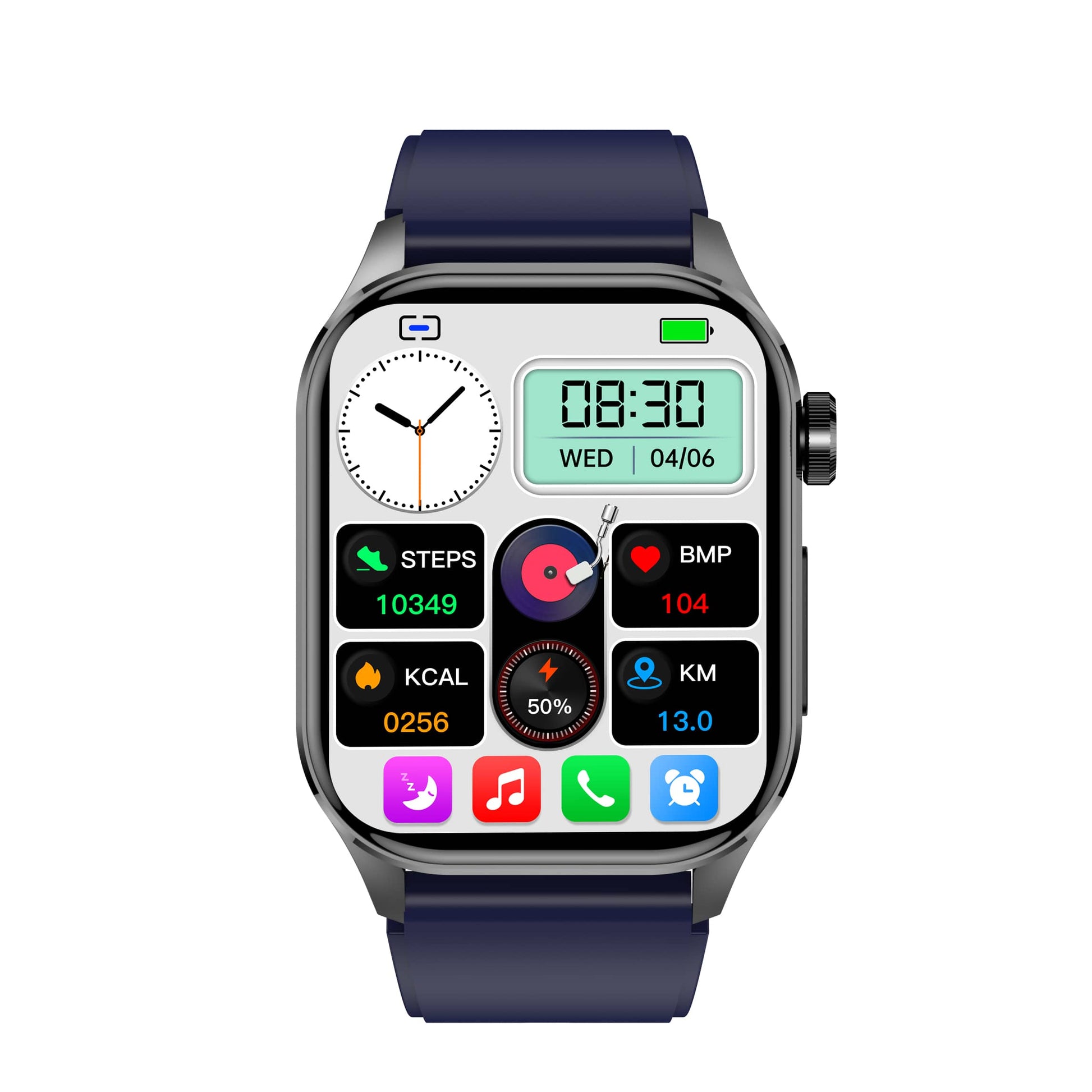 Smartwatch mit blauem Armband, Fitness-Tracker, Herzfrequenz, Schritte, Kalorien, silbernes Gehäuse.