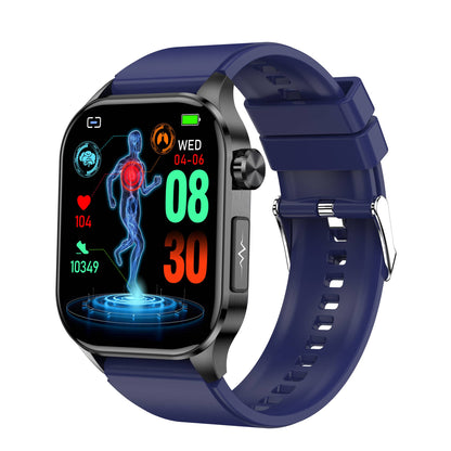 Smartwatch mit blauem Armband, Fitness-Tracker, Herzfrequenzanzeige, Schrittzähler, Edelstahlgehäuse.