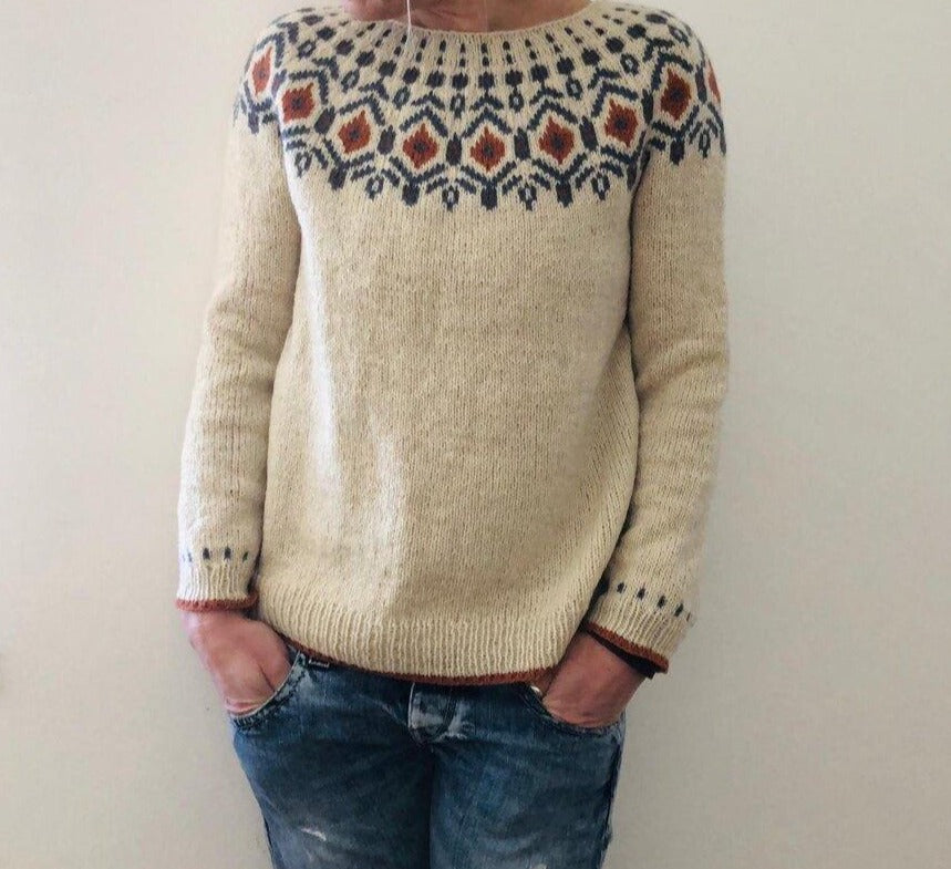 Damenpullover aus Wolle, beige mit nordischem Muster, lässig, warm, modisch, Herbstmode.