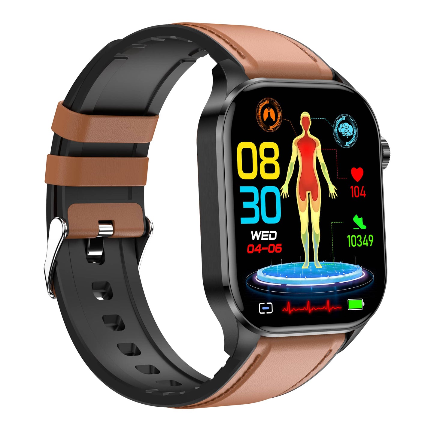 Smartwatch mit braun-schwarzem Armband, Gesundheits-Tracking, farbiges Display, Fitnessuhr.
