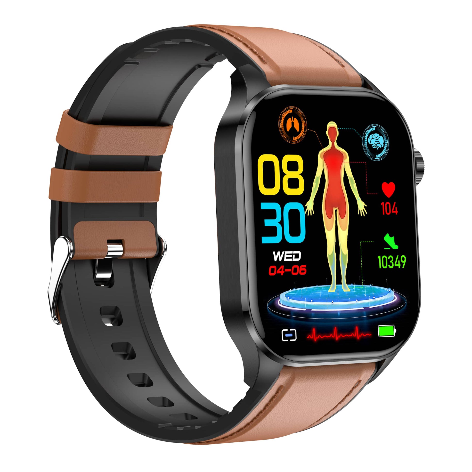 Smartwatch mit braun-schwarzem Armband, Gesundheits-Tracking, farbiges Display, Fitnessuhr.