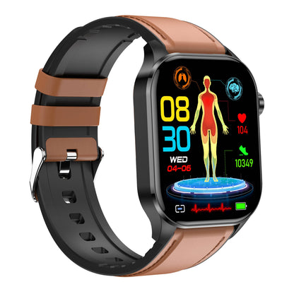Smartwatch mit braun-schwarzem Armband, Gesundheits-Tracking, farbiges Display, Fitnessuhr.