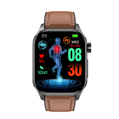 Smartwatch mit braunem Lederarmband, Fitness-Tracker, Herzfrequenzanzeige, Schrittzähler.