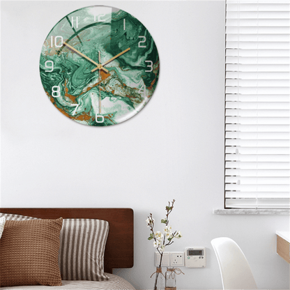 Grüne Wanduhr mit Marmor-Design, moderne Dekoration, Wohnzimmer, stilvoll, rund.
